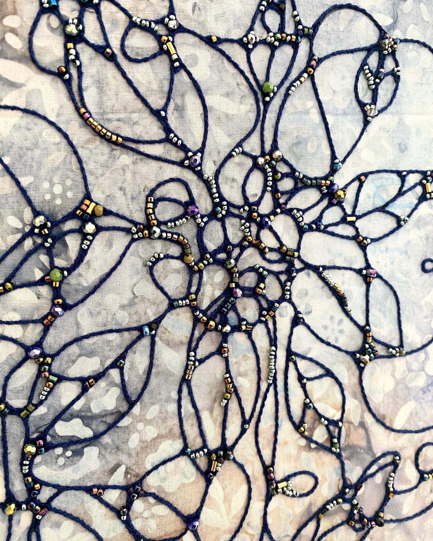 Blue Iris abstract embroidered wall hanging