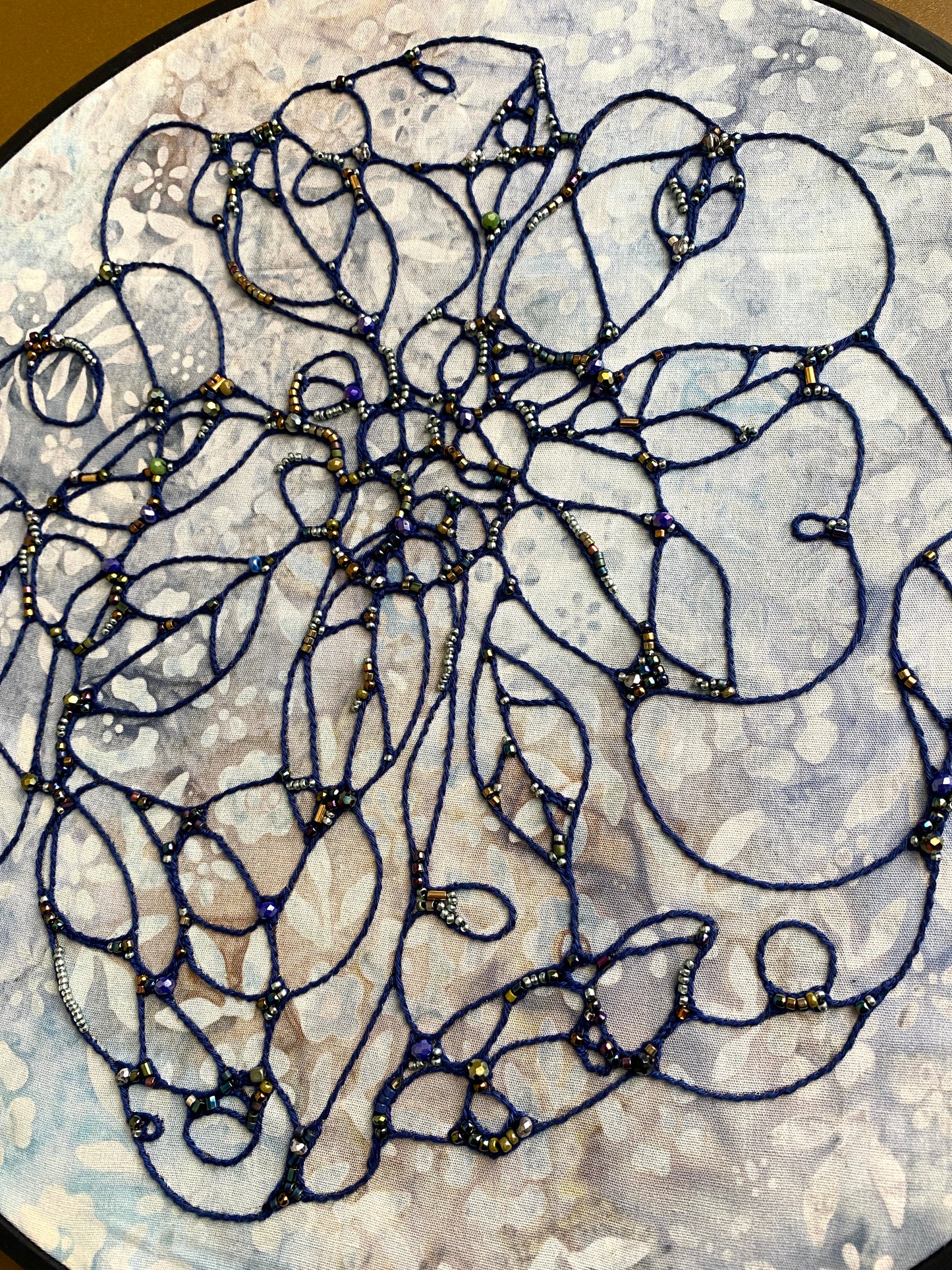 Blue Iris abstract embroidered wall hanging