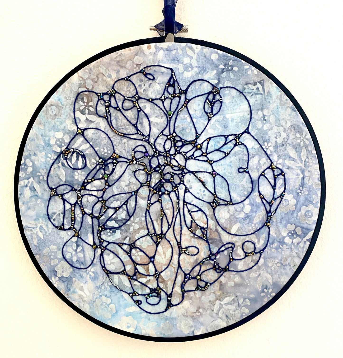 Blue Iris abstract embroidered wall hanging