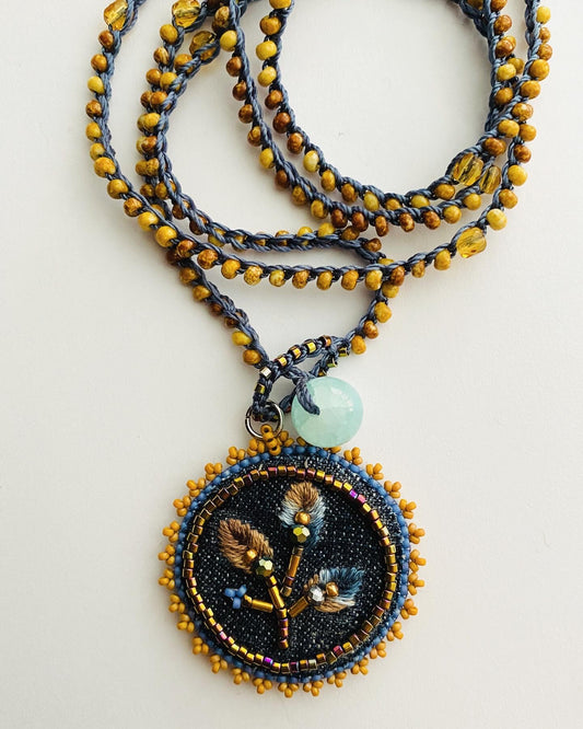 "Star flower" Denim embroidered, beaded textile necklace