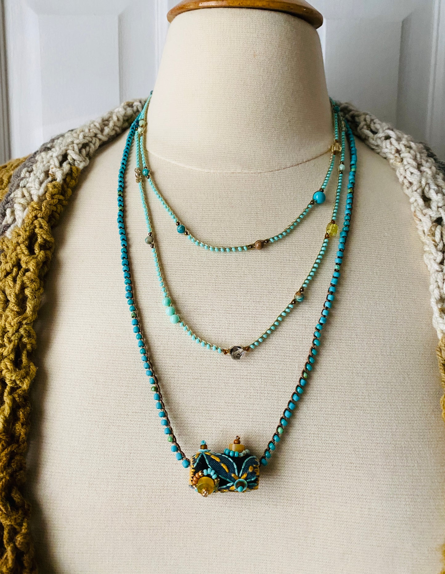 "Journey" Aqua and gold embroidered bead textile necklace