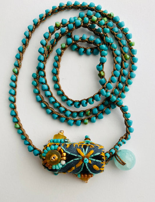 "Journey" Aqua and gold embroidered bead textile necklace