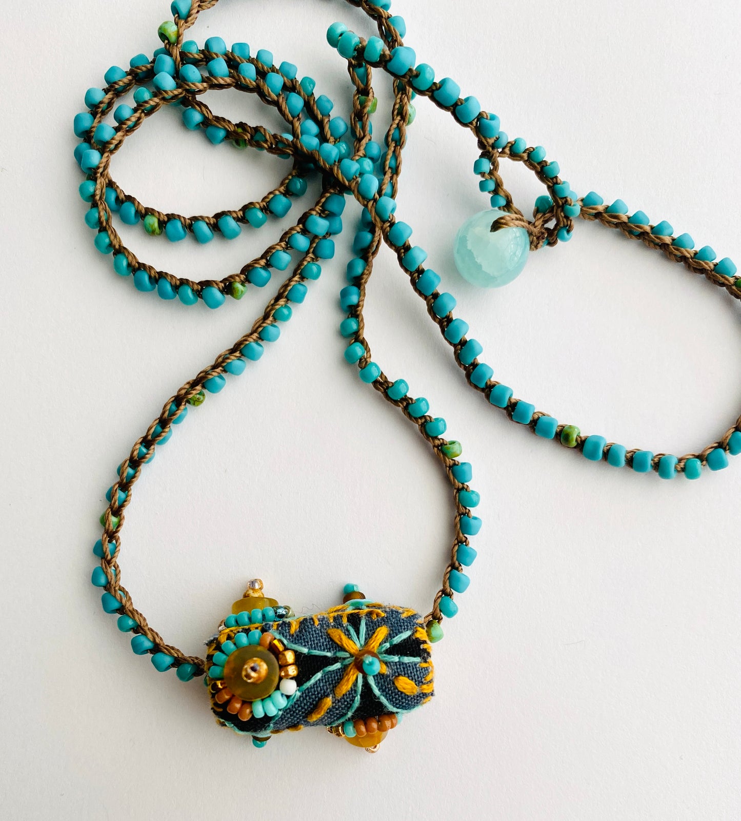 "Journey" Aqua and gold embroidered bead textile necklace